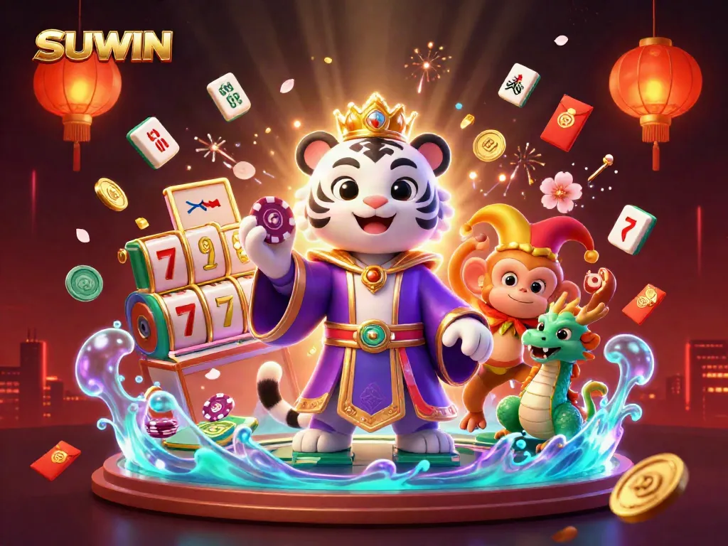 Suwin captures the thrill of slots with a playful scene featuring a tiger, monkey, and dragon surrounded by vibrant casino elements.