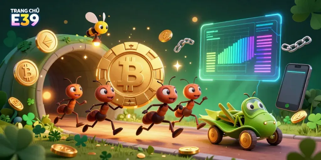 Engaging players at TRANG CHỦ E39, ants steal a giant poker chip amid glowing crypto coins and vibrant backgrounds.