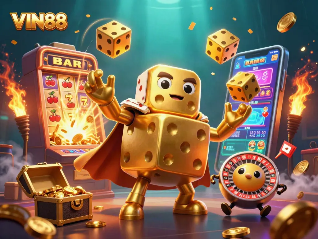 Experience the excitement of VIN88 with golden dice and jackpot treasures in a vibrant casino scene.