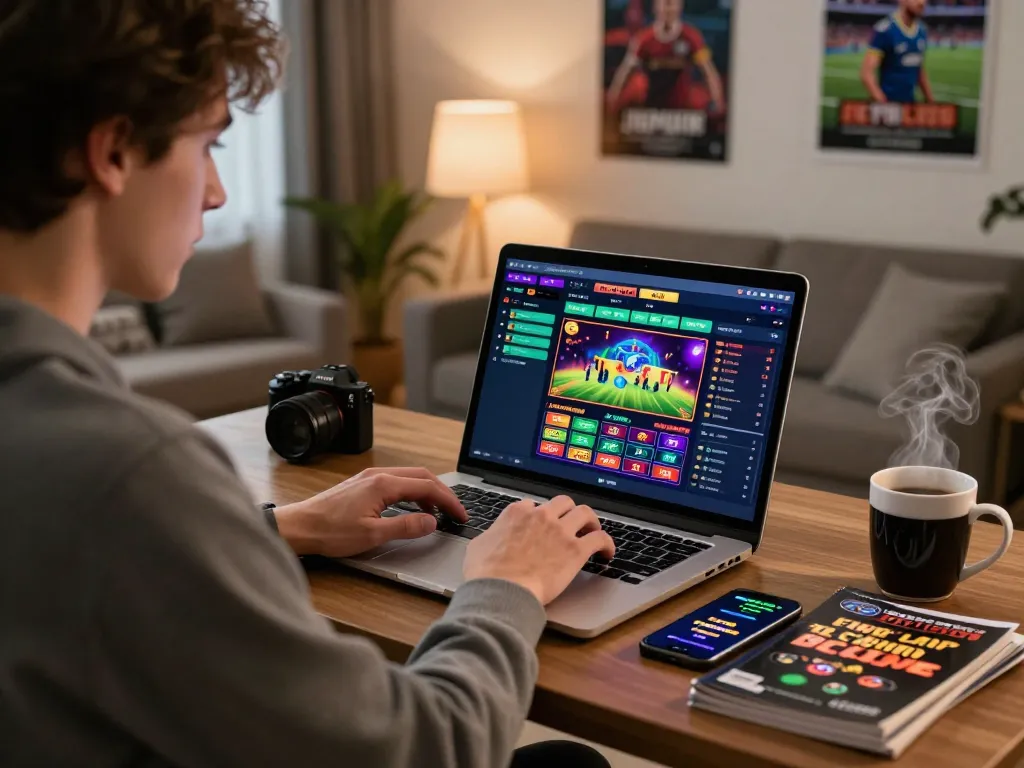 Engaging online gambling scene with bong99, featuring young man focused on vibrant casino interface at home desk, coffee mug, and strategy guides.