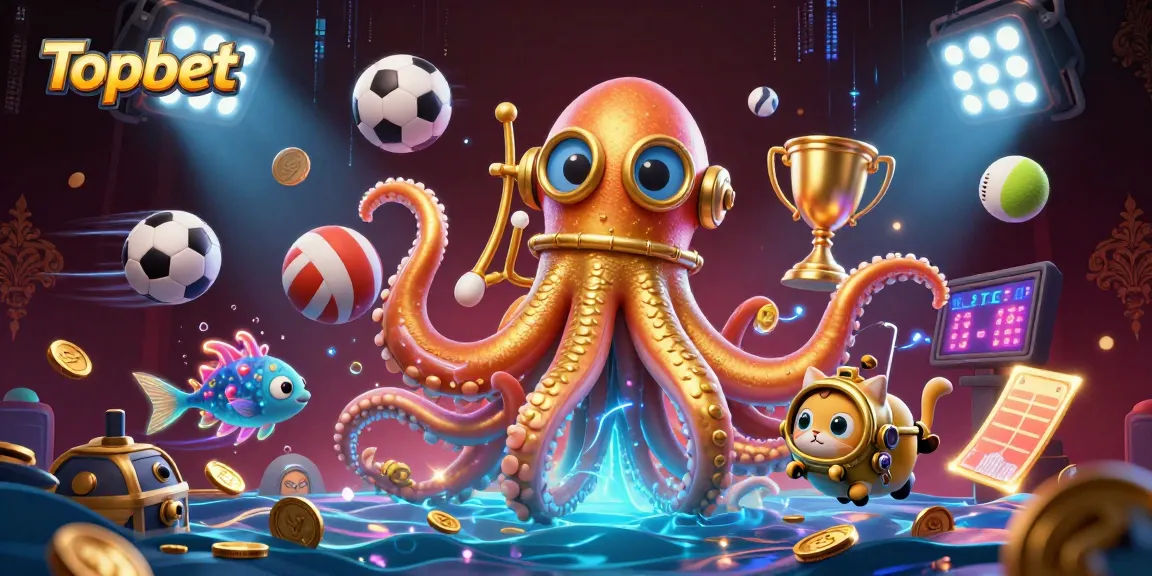 Topbet sports betting illustration with a kraken and a diving cat in a treasure-filled ocean