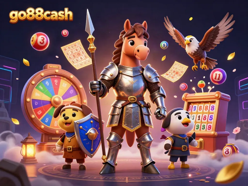 Experience big wins with go88cash at this lively casino-themed illustration featuring knights and vibrant game elements.