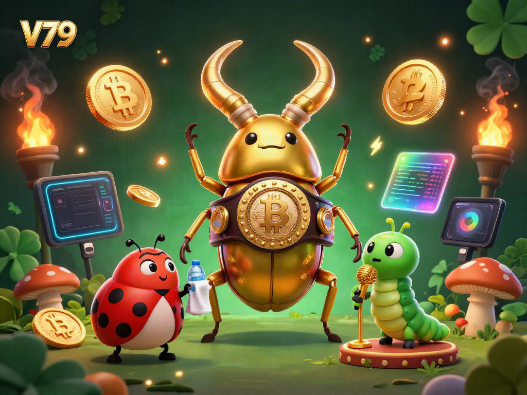 V79 showcases a dynamic 3D scene with a giant golden stag beetle champion in a casino-themed illustration.