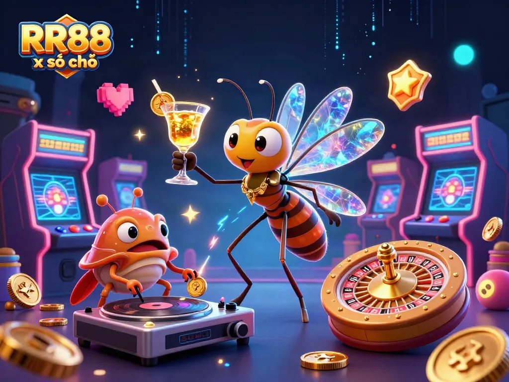 Experience gaming fun with RR88 xổ số in a vibrant 3D casino scene featuring unique characters and games.