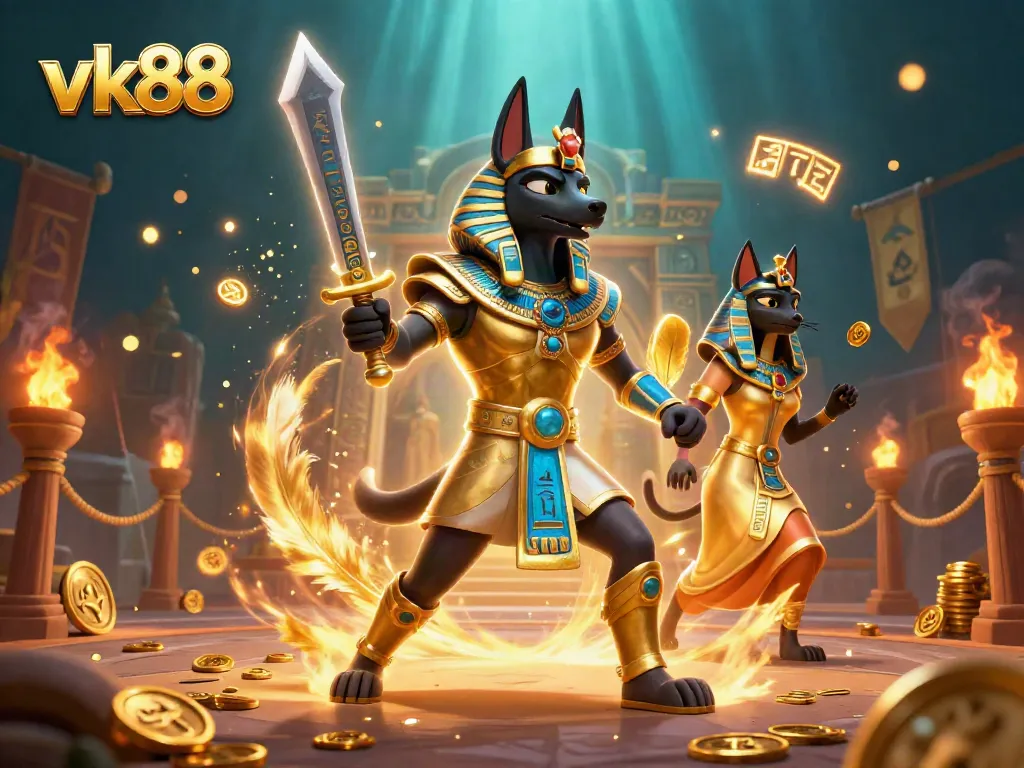 Engage with thrilling gameplay at vk88 featuring Anubis and Bastet amidst captivating casino elements.