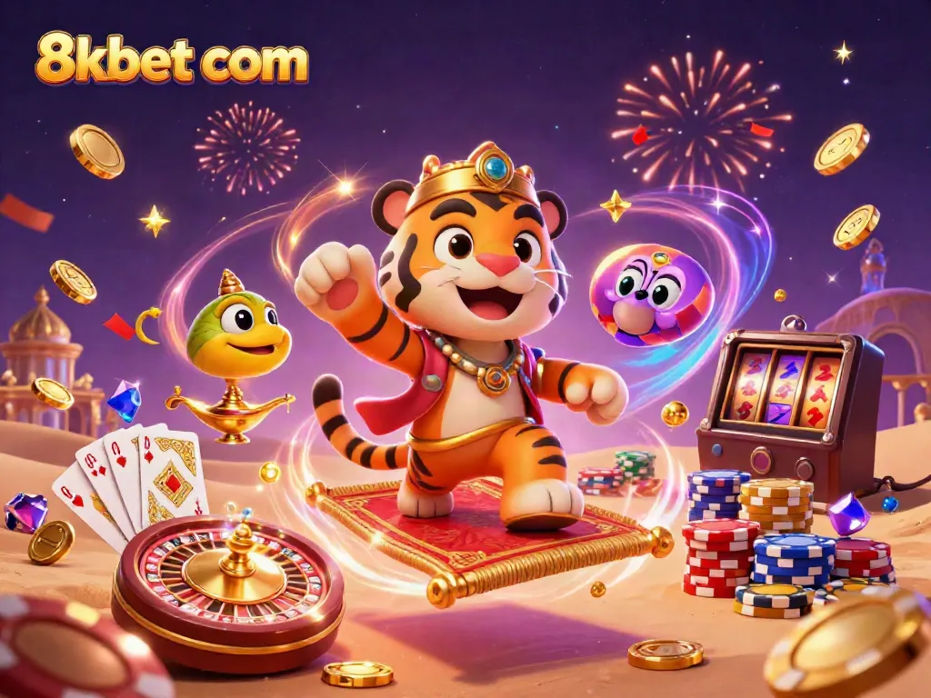 Experience the thrilling world of 8xbet com with a magical tiger sultan scene, bursting with casino icons and excitement.