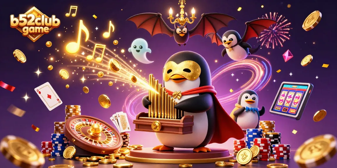 Engage in thrilling b52club game action with a magical penguin and charming bat amidst golden coins.