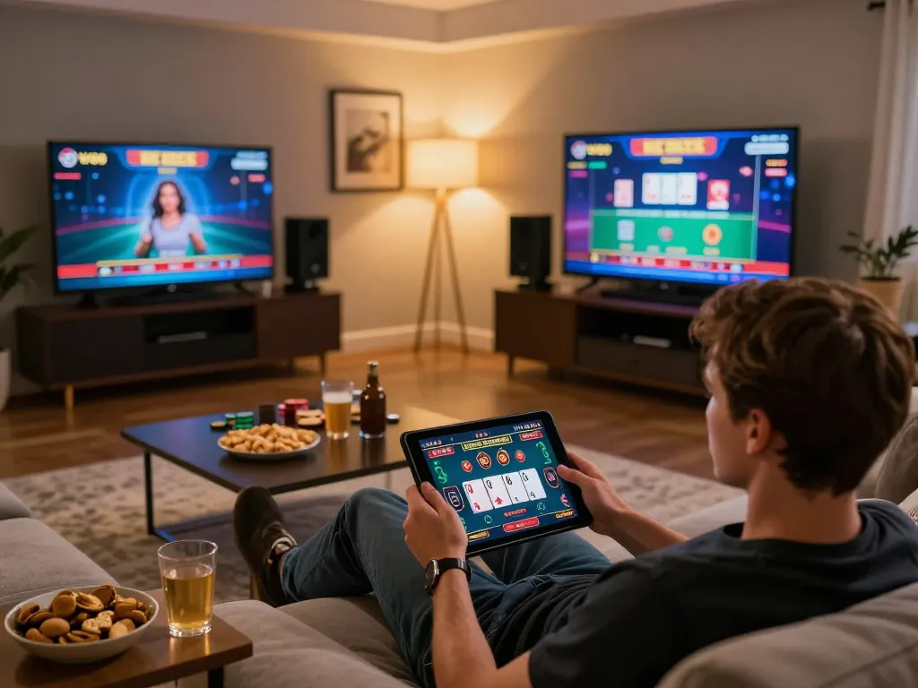 Playing W88's live dealer blackjack on a tablet in a cozy home setting, showcasing the engaging online gaming experience.