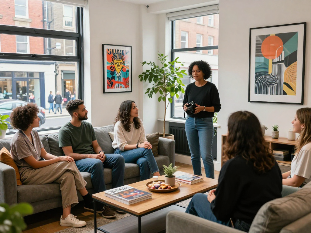 airbnb management manchester showcasing a vibrant Manchester Airbnb with welcoming host and diverse guests in a stylish living room