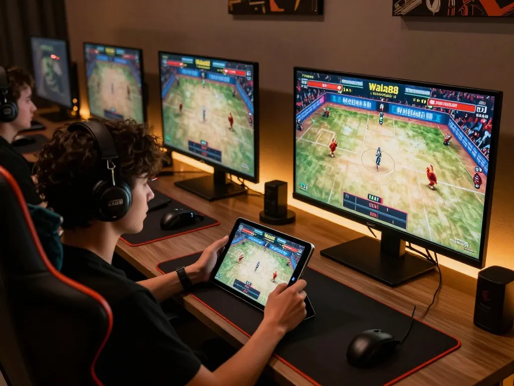 Engaging in live WALA88 chicken fighting matches at a stylish online gaming setup, showcasing immersive betting experience