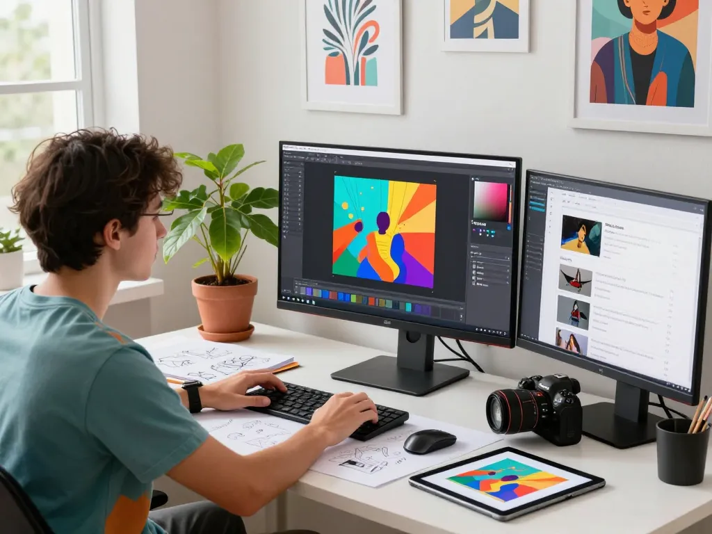 Designer editing vibrant images with nano banana 2 in a bright creative workspace.