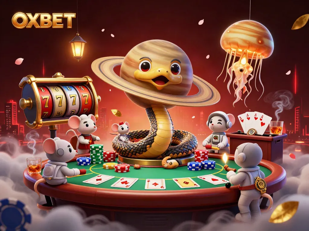 Experience OXBET's thrilling atmosphere with a dynamic cosmic roulette scene featuring a Saturn ring snake and astronaut mice.