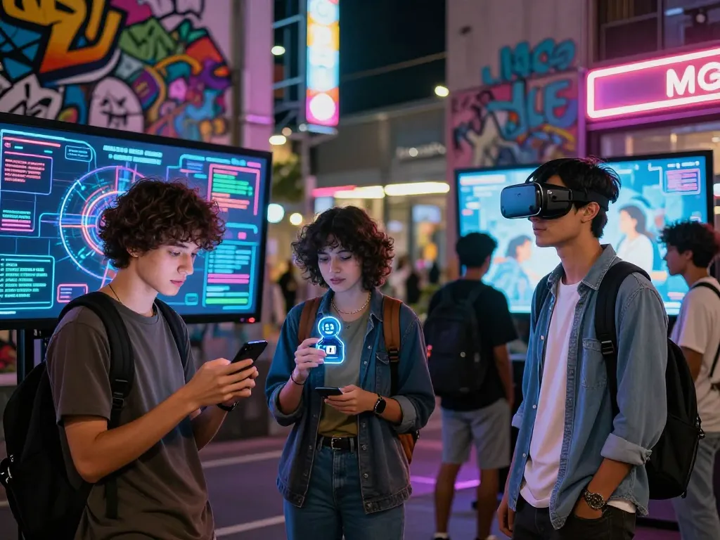 Vibrant urban scene with young adults engaging with AI technology, emphasizing the theme of sex ai in a digital landscape.