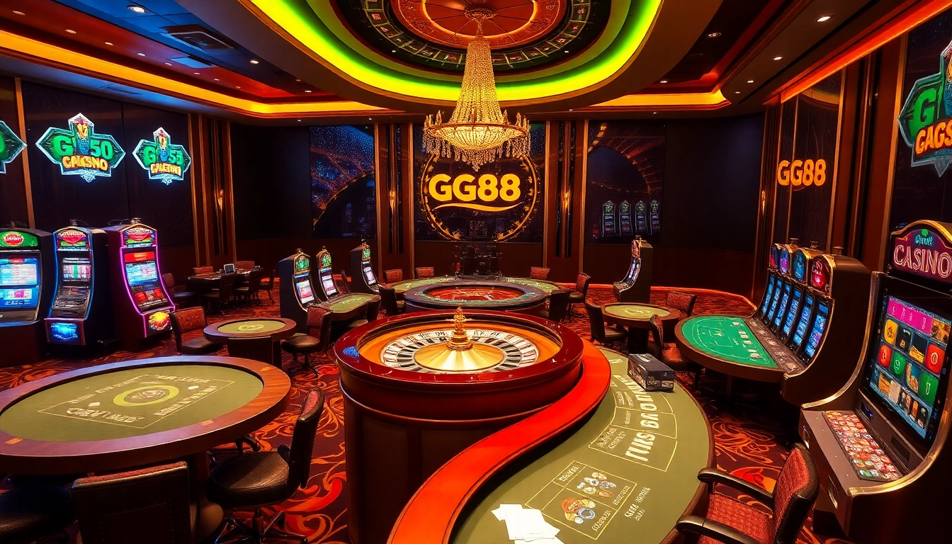 Experience the excitement of GG88 with a luxurious casino scene featuring roulette, poker, and vibrant slot machines.