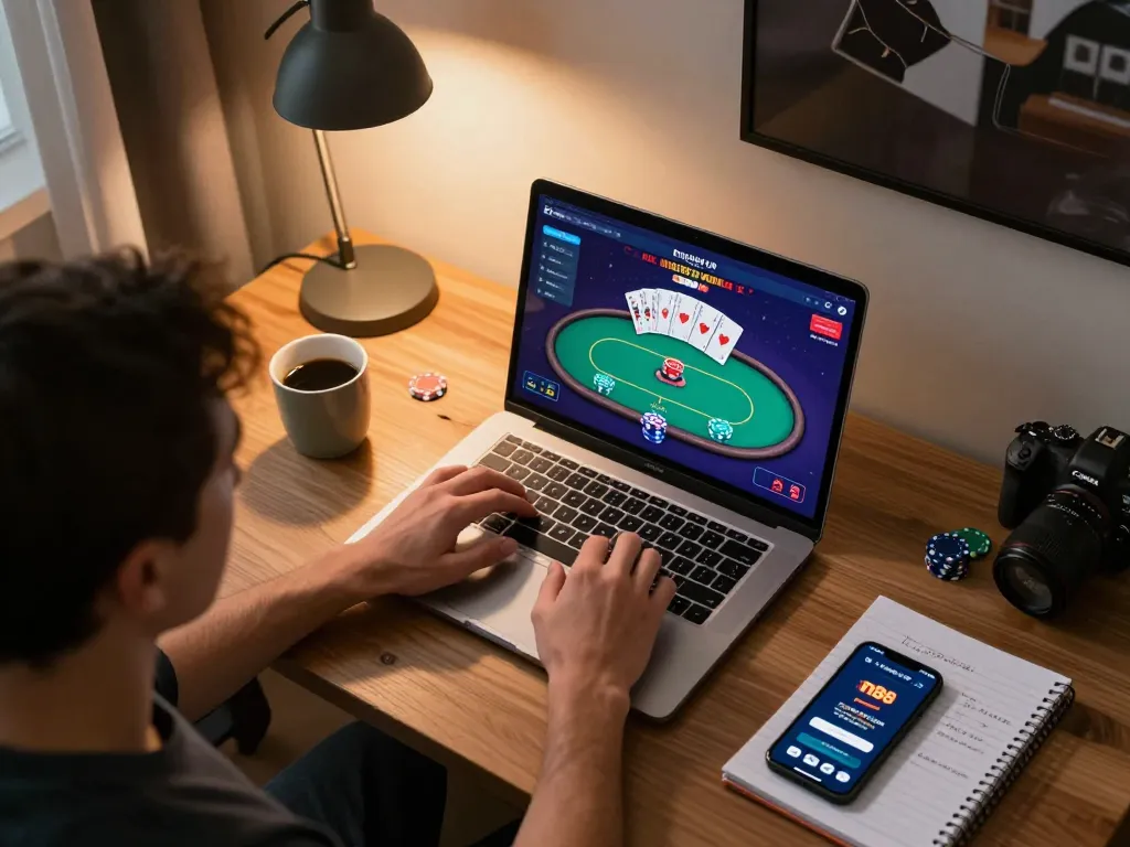 Player engaging in online poker at n188, showcasing focused gameplay and strategic preparation.