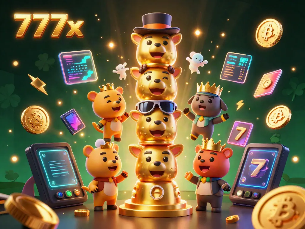 Experience dynamic gaming with 777x featuring a lively totem and casino accessories in a vibrant 3D illustration.