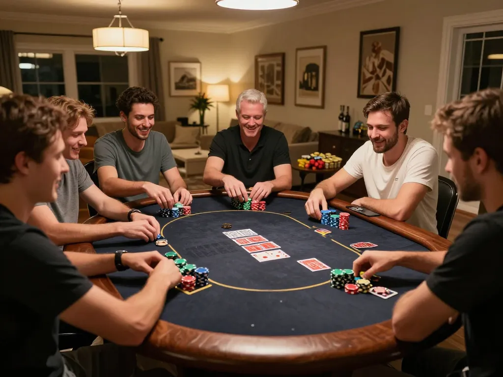 Players engaging in a dynamic poker game at home, highlighting DV88's exciting gaming experience.