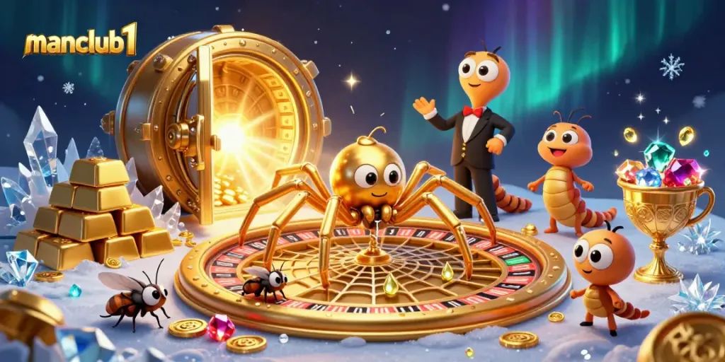 Engage in thrilling bets with manclub1 as a golden spider crafts a roulette web amidst sparkling treasures.