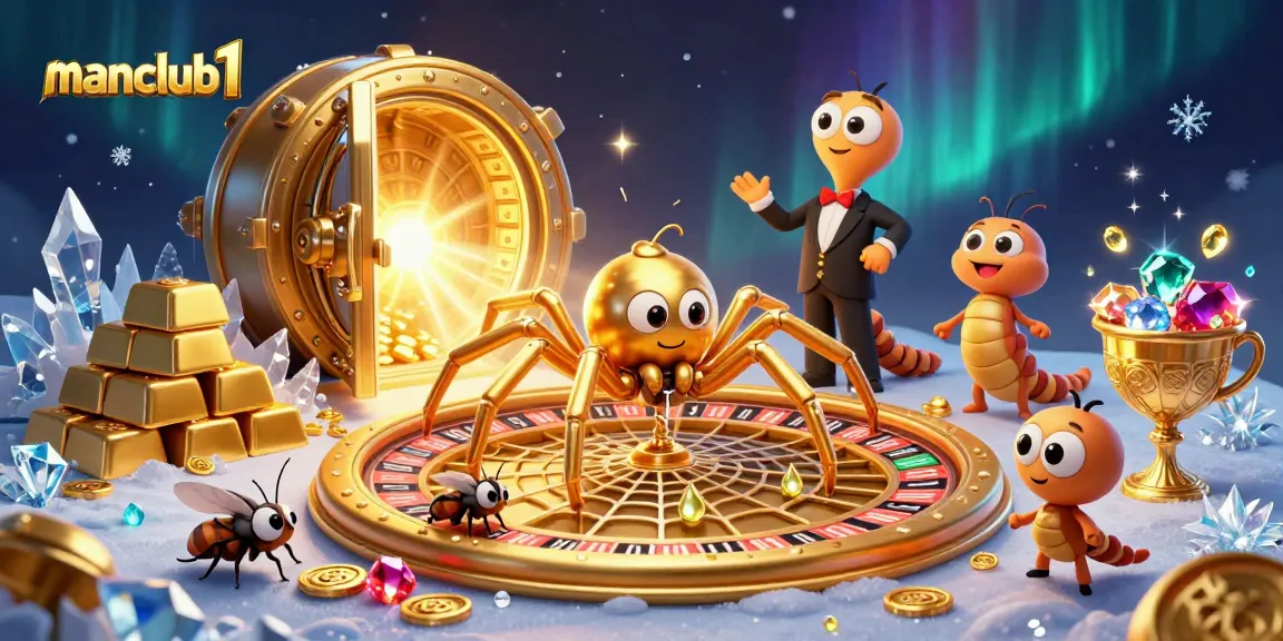 Engage in thrilling bets with manclub1 as a golden spider crafts a roulette web amidst sparkling treasures.