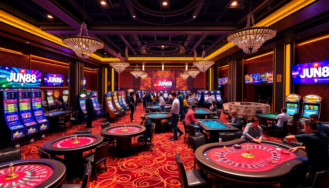 Experience electrifying gameplay with JUN88 at a luxurious casino setting filled with vibrant slot machines and dealer tables.
