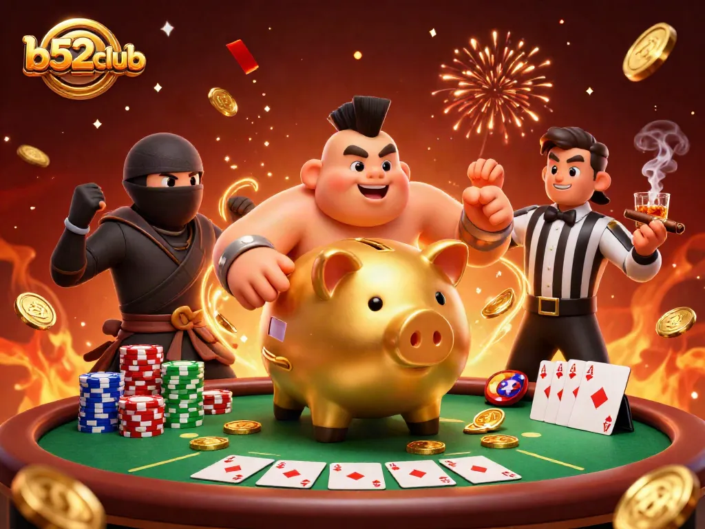 Experience thrilling wins with b52club's dynamic gaming atmosphere featuring golden piggy bank and vibrant poker elements.