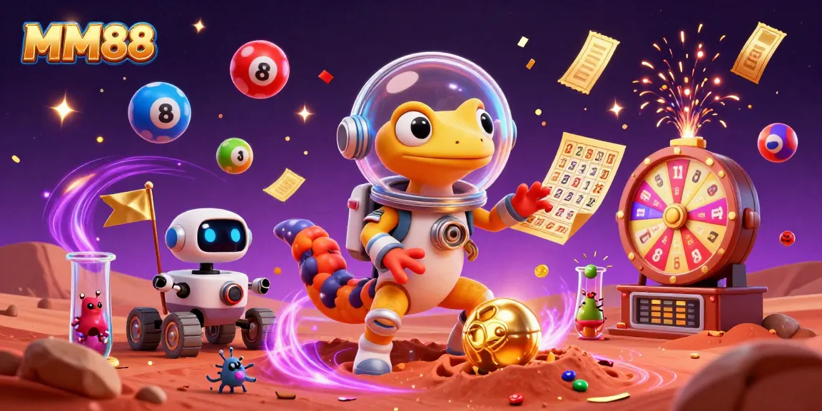 Experience MM88's thrilling casino adventure with a Martian gecko and robot amidst colorful gambling elements.