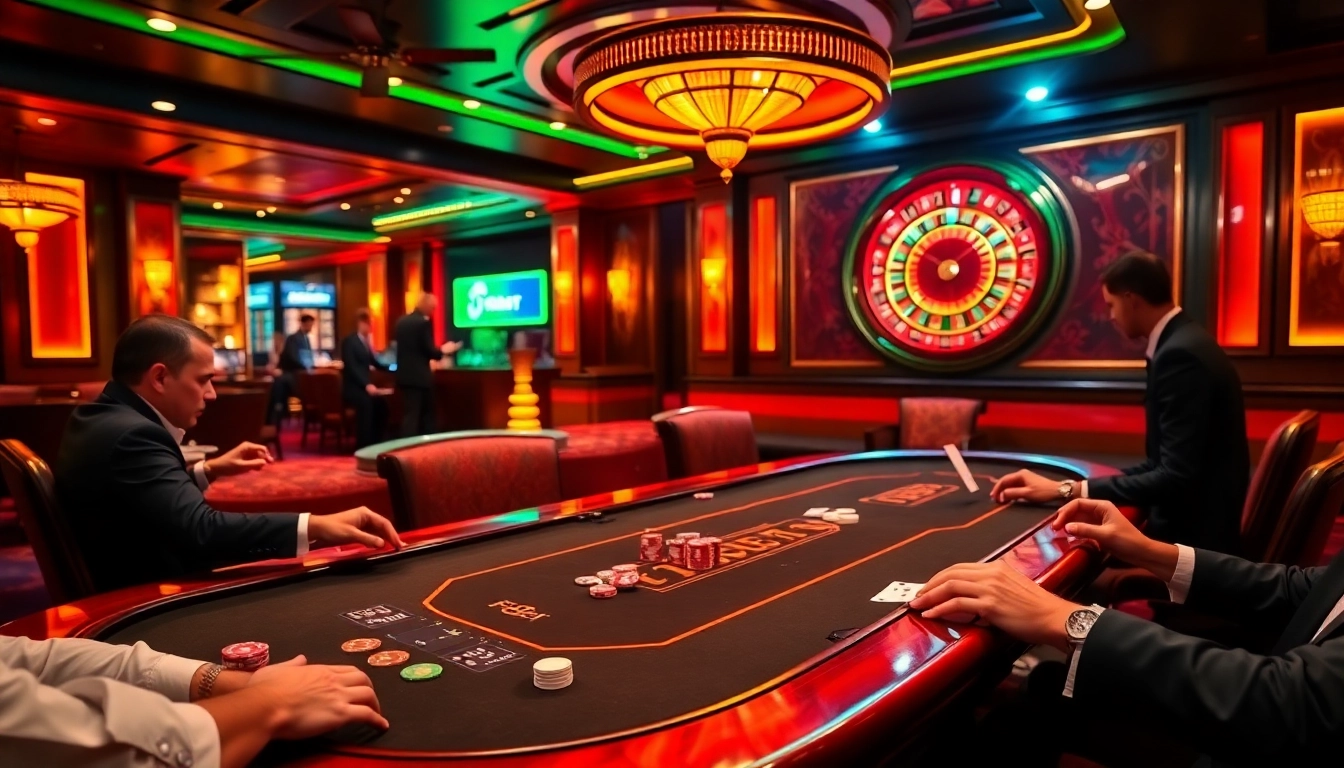 F8Bet poker table with engaged players and roulette wheel creating an elegant casino atmosphere.