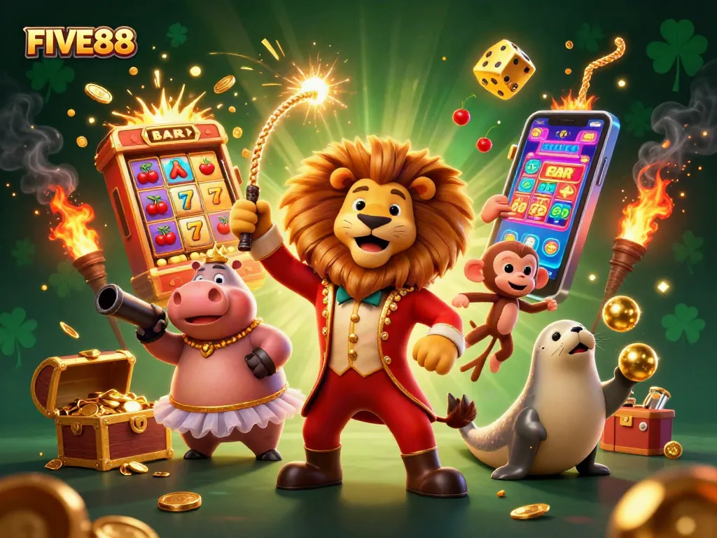 Engage with FIVE88's thrilling casino action featuring lively characters and dynamic gaming elements.