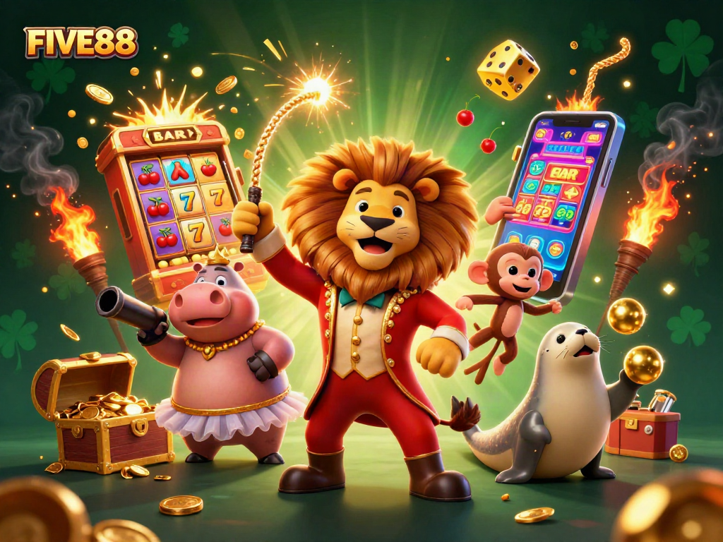 Engage with FIVE88's thrilling casino action featuring lively characters and dynamic gaming elements.