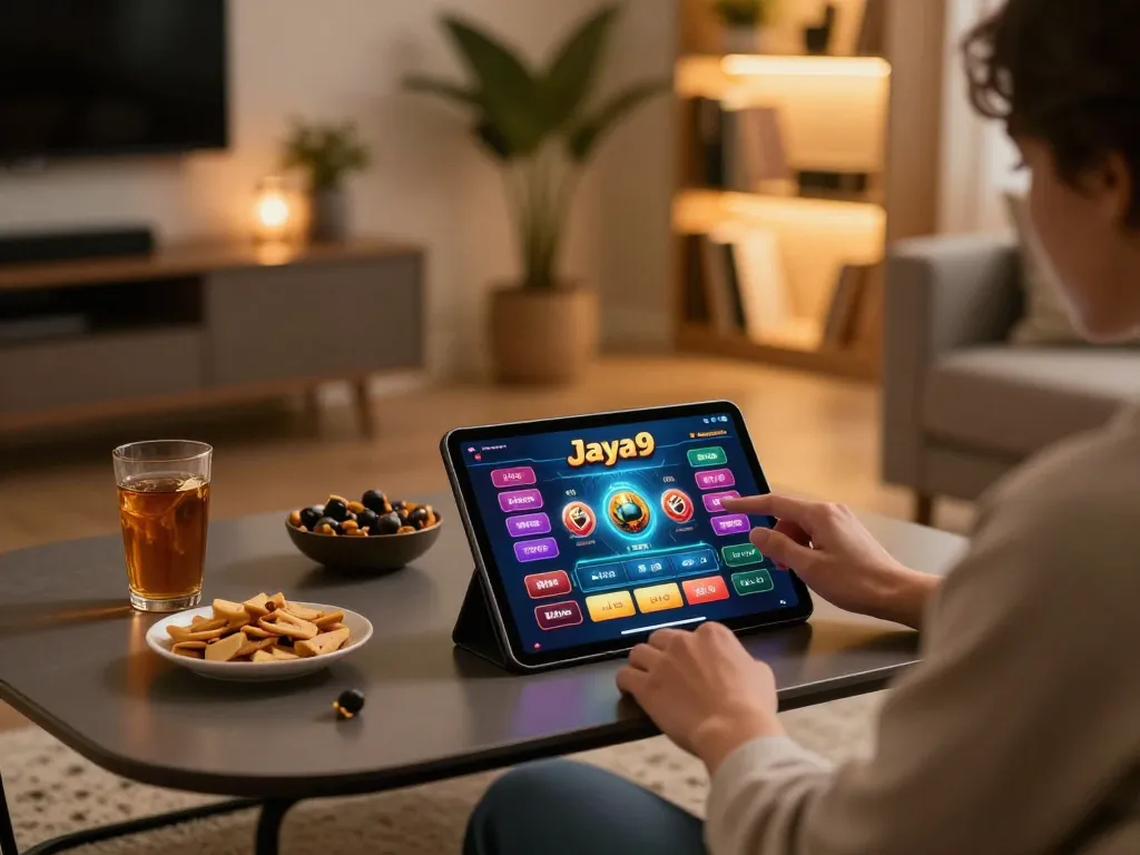 Player engaging with Jaya9 casino app in a cozy online gaming setup, enjoying a cozy atmosphere.