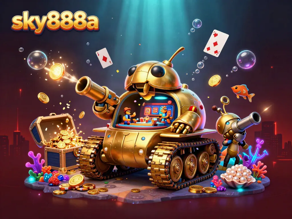 Experience excitement at sky888a with a vibrant 3D casino scene featuring a golden beetle tank.