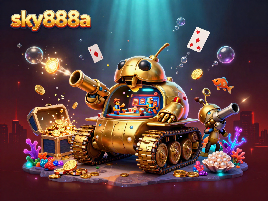 Experience excitement at sky888a with a vibrant 3D casino scene featuring a golden beetle tank.
