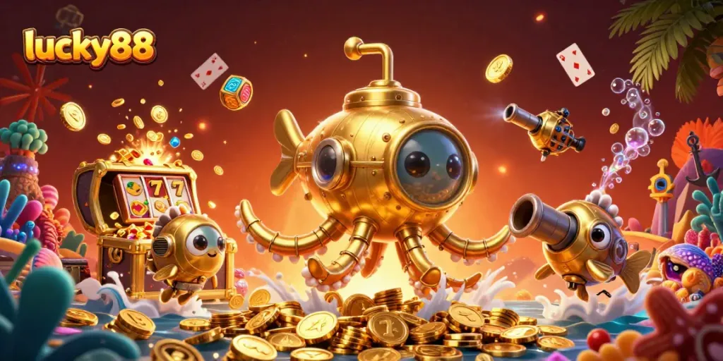 Experience exciting wins and adventures with lucky88 in this vibrant casino-themed illustration.
