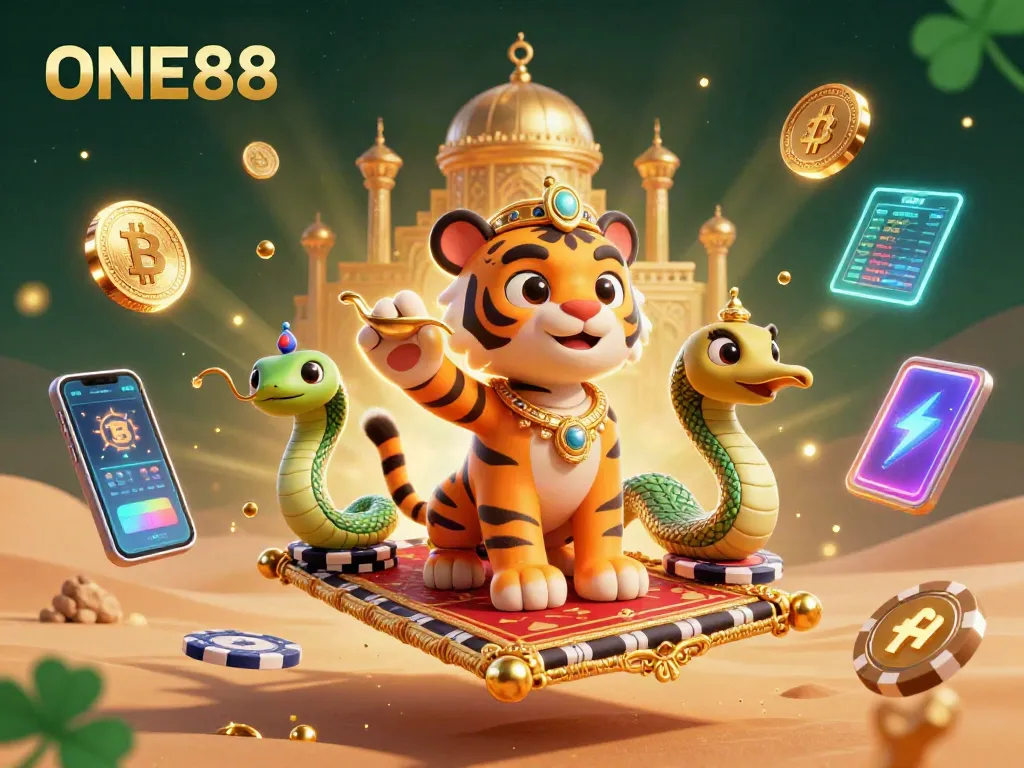 Experience ONE88's vibrant casino world with a magical tiger sultan on a poker chip carpet.