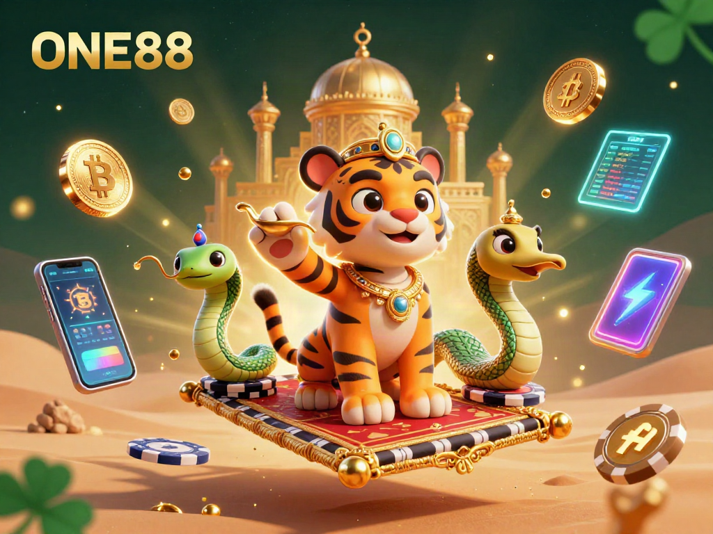 Experience ONE88's vibrant casino world with a magical tiger sultan on a poker chip carpet.