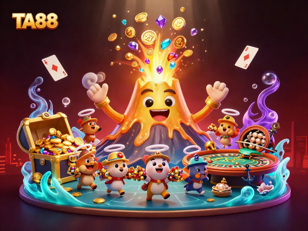 TA88 players enjoy thrilling casino games amidst a treasure-filled scene highlighting vibrant graphics.