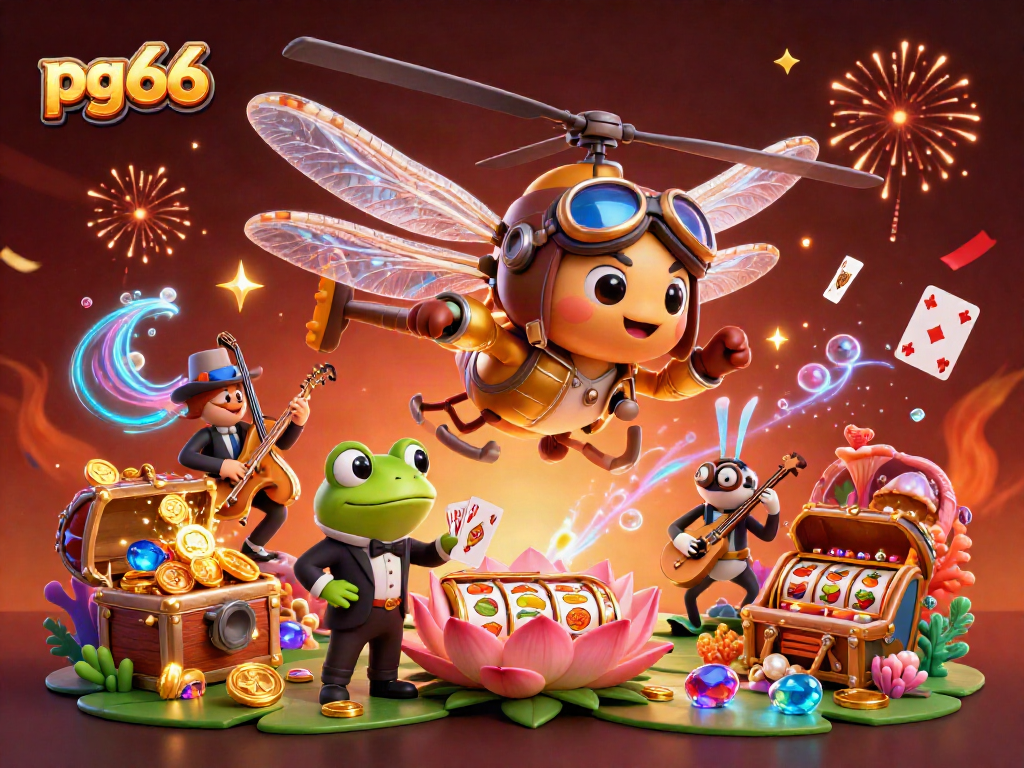 Spin the reels at pg66 casino as a dragonfly pilot hovers above with a frog croupier and jazz-playing crickets.