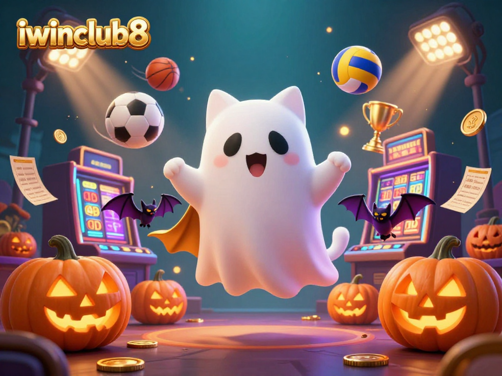 Experience thrilling gaming action with iwinclub8 in a haunted casino life with a ghost cat, jack-o-lanterns, and sports excitement.