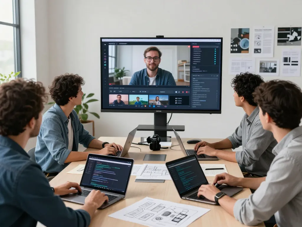 Team analyzing video to prompt in a modern workspace, showcasing dynamic collaboration and digital tools.