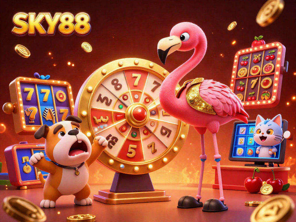 Engage with SKY88 as the game show host flamingo reveals exciting jackpots amidst a lively casino scene.