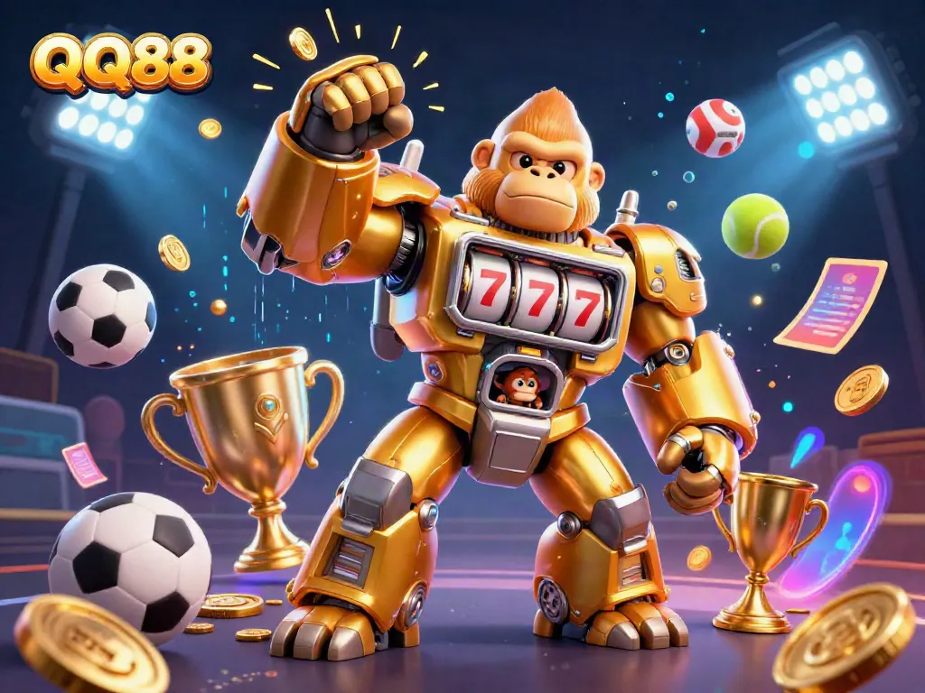 Experience thrilling gameplay at QQ88 with a vibrant 3D scene featuring a golden gorilla mech and exciting sports elements.