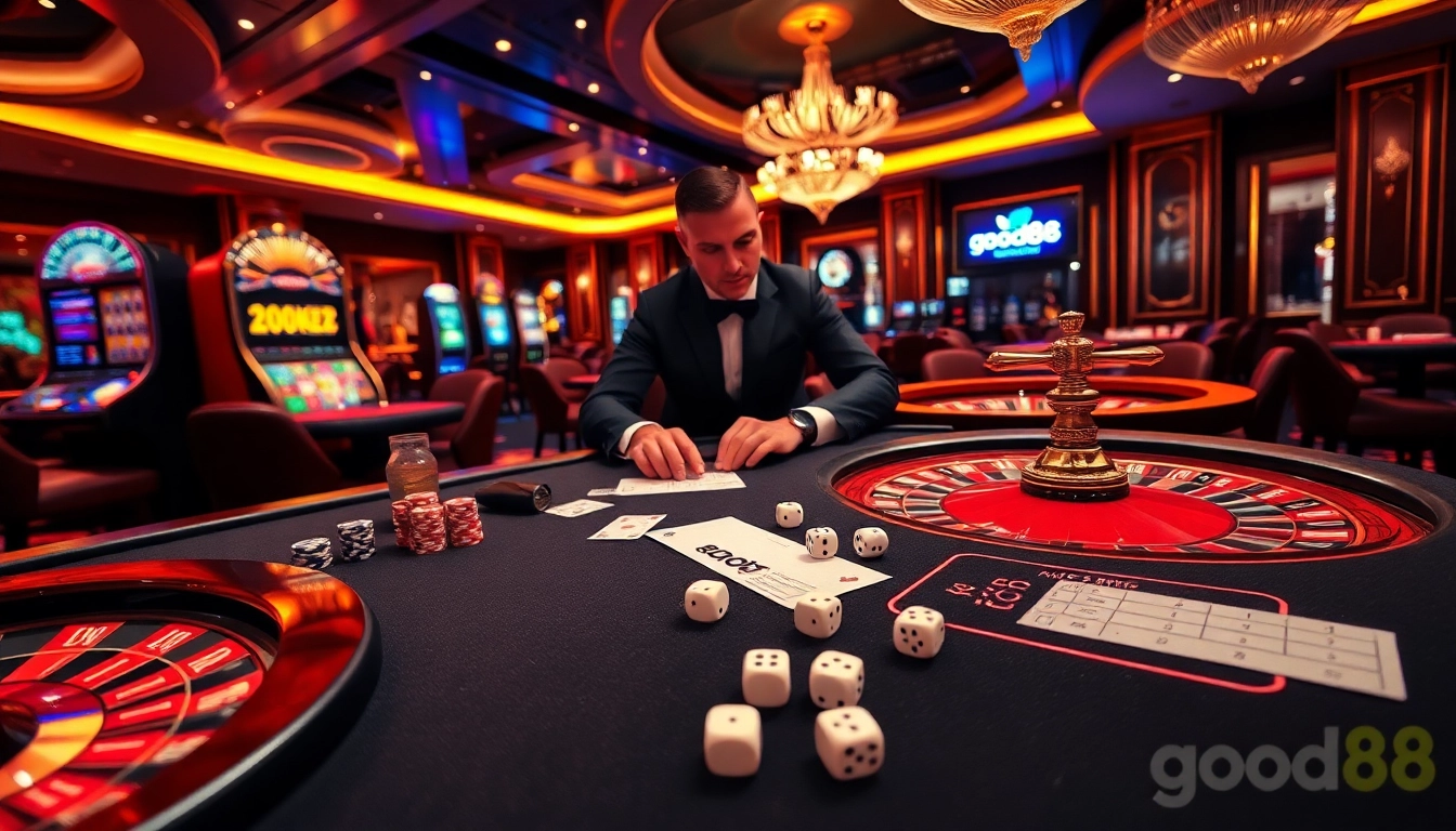 Experience the thrills of good88 at an upscale casino with poker tables and vibrant slot machines.