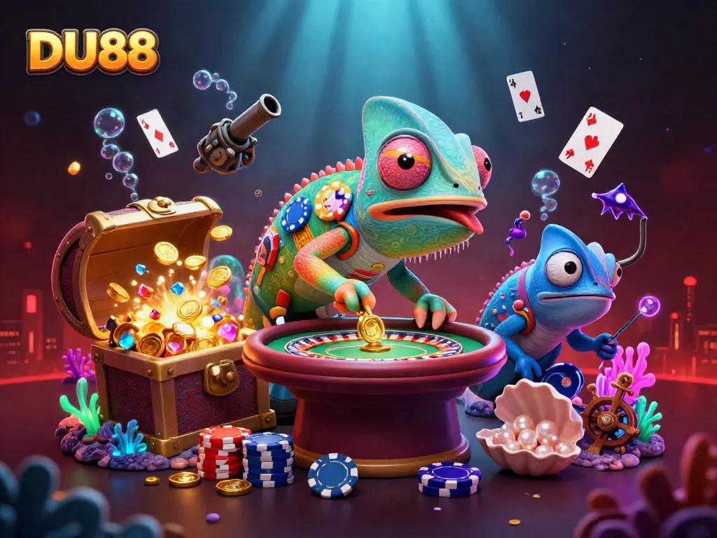 Engage with DU88's vibrant gaming scene featuring the chameleon casino owner bursting with excitement.