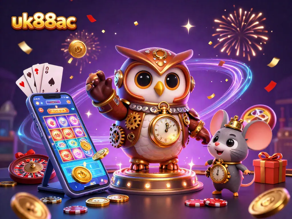 Engage in thrilling gaming with the uk88ac owl and mouse companions in a vibrant casino scene.