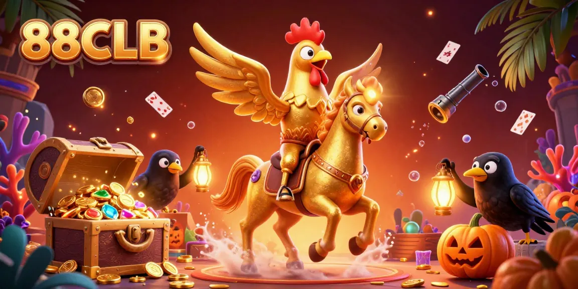 Experience thrilling moments with 88CLB in a vibrant casino scene featuring a golden rooster and treasure chests.