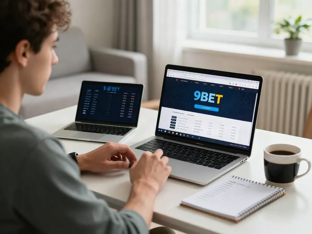 Engaged player at a modern desk using https://9bet.ru.com/ on a laptop, relaxed atmosphere with strategic notes.