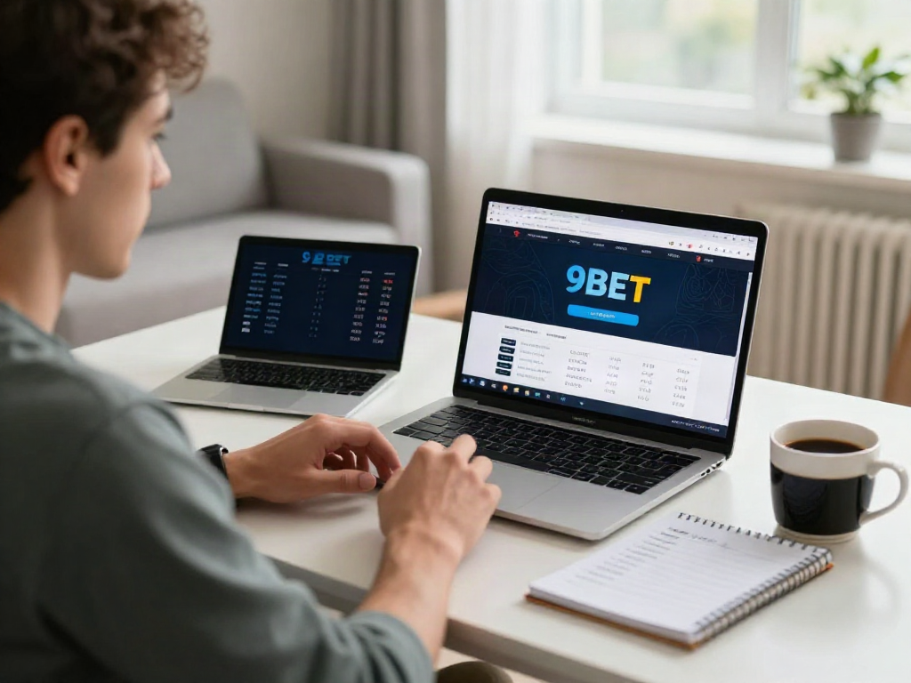 Engaged player at a modern desk using https://9bet.ru.com/ on a laptop, relaxed atmosphere with strategic notes.
