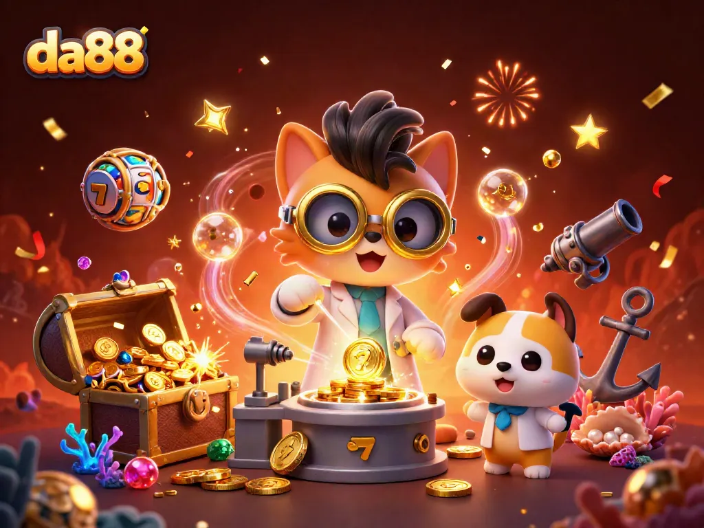 Experience the excitement of da88 with a mad scientist cat and a dog assistant, creating a treasure-filled casino realm.