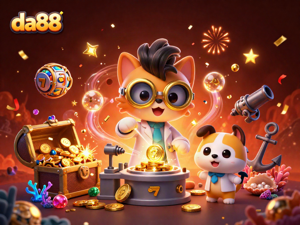Experience the excitement of da88 with a mad scientist cat and a dog assistant, creating a treasure-filled casino realm.