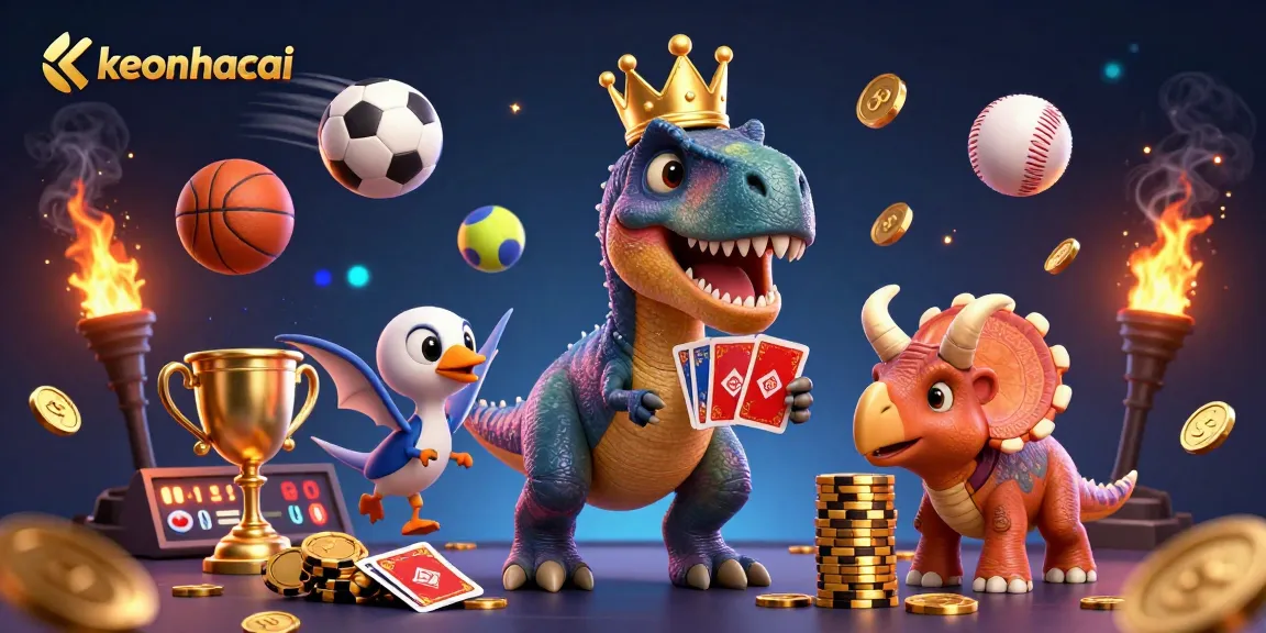 Engaging scene with keonhacai characters T-Rex, pterodactyl, and triceratops in a vibrant casino setting.